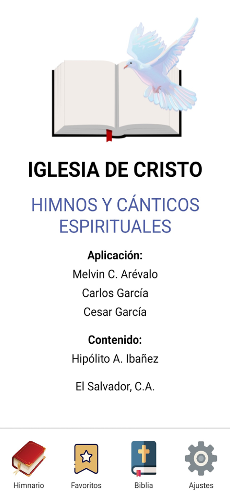 IGLESIA DE CRISTO HIMNARIO - Main screen of the Iglesia de Cristo Himnario app featuring a white dove over an open book and navigation icons for hymns favorites and Bible