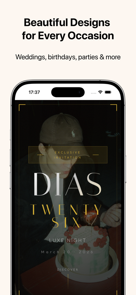 Invites — AI Invitation Maker - A smartphone displaying a luxury digital birthday invitation designed by AI