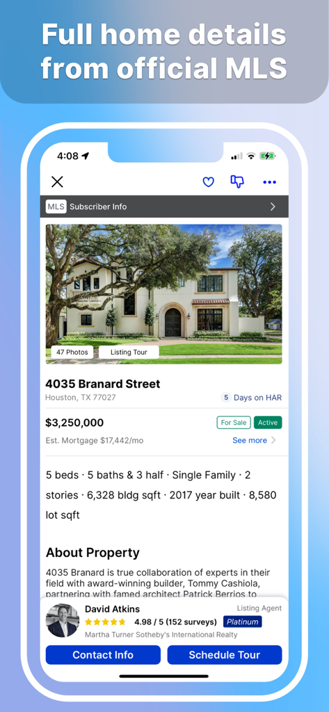 Homes And Rentals - Un listado detallado de propiedades en la aplicación HAR.com para una casa de lujo en Houston, Texas, que muestra datos del MLS e información de contacto del agente