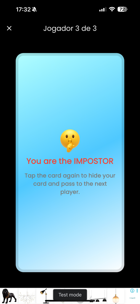 Écran d'application mobile montrant le message de rôle de l'imposteur et un emoji de silence