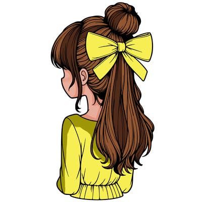 realistic girl  with hip length hair a bun and a big bow on the back of head