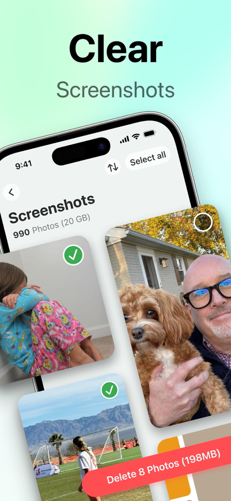 SwipeClean: Storage Cleanup - SwipeClean-App-Oberfläche, die die Funktion zum Löschen von Screenshots anzeigt, um Speicherplatz auf dem Handy durch Löschen unnötiger Fotos freizugeben.