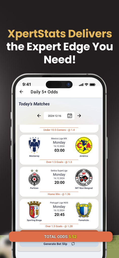 XpertStats Betting Tips - XpertStats mobile app interface displaying daily soccer betting odds and match predictions