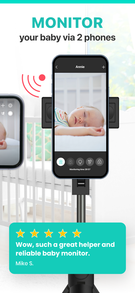 Annie Baby Monitor: Nanny Cam - Interfaz de la aplicación Annie Baby Monitor que muestra a un bebé durmiendo vigilado a través de dos smartphones