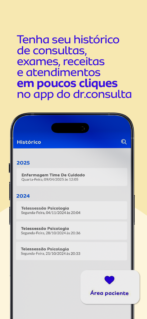 Uma captura de tela móvel do app dr.consulta mostrando a linha do tempo do histórico médico de um paciente, incluindo consultas de enfermagem e psicologia.