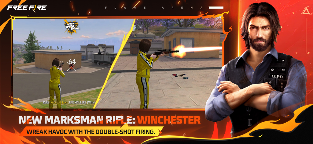 Captura de pantalla promocional de Free Fire mostrando el nuevo rifle de tirador Winchester
