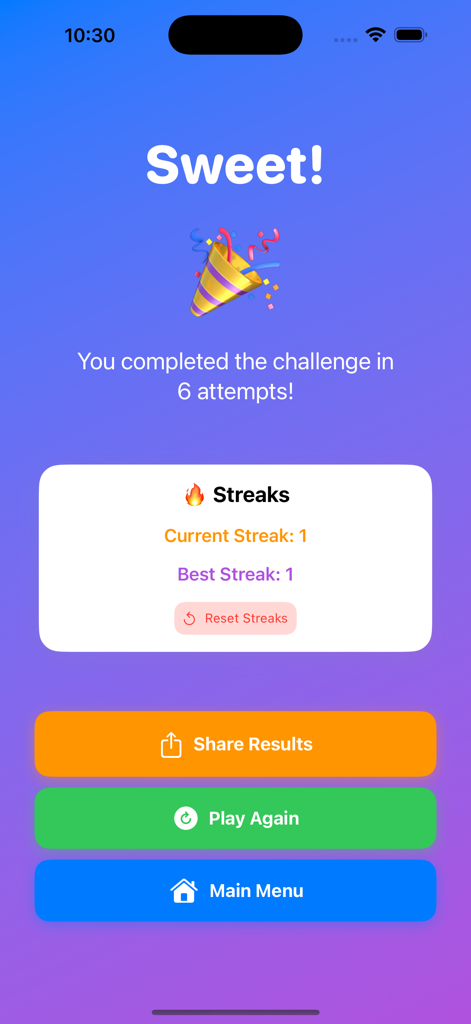 Pantalla de resultados del Juego de Adivinar Mayor o Menor mostrando un mensaje de victoria y rachas de jugadores.