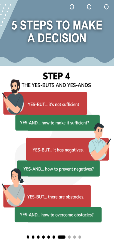 Harmony Decision Maker - Step 4 of Harmony Decision Maker app showing the yes-but and yes-and logical framework for addressing decision obstacles