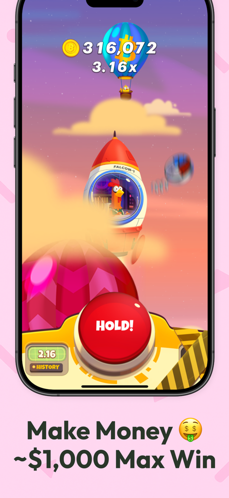 치킨 또는 추락 앱 게임 플레이, 비트코인 보상과 홀드 버튼이 있는 로켓에 탄 닭 표시