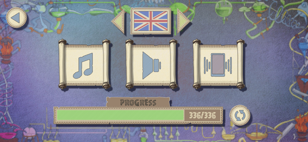 Doodle Alchemy - Doodle Alchemy game settings menu showing sound controls and player progress bar