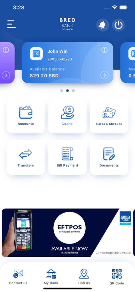 BRED Solomon Connect mobile banking app dashboard displaying account balance and menu options for loans, transfers, and bill payments.