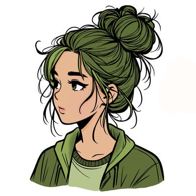 realistic teenage girl with a messy bun