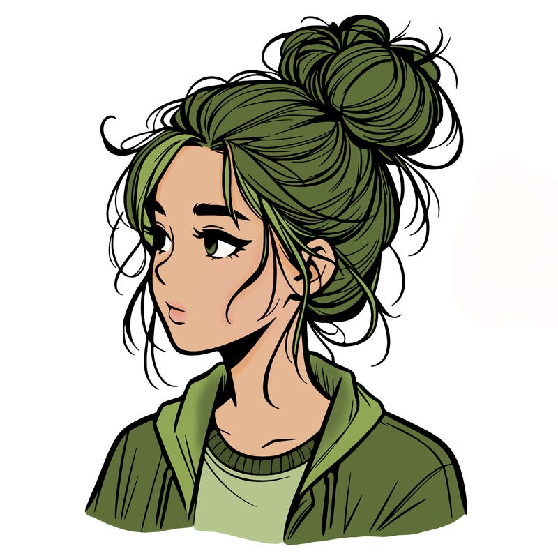 realistic teenage girl with a messy bun