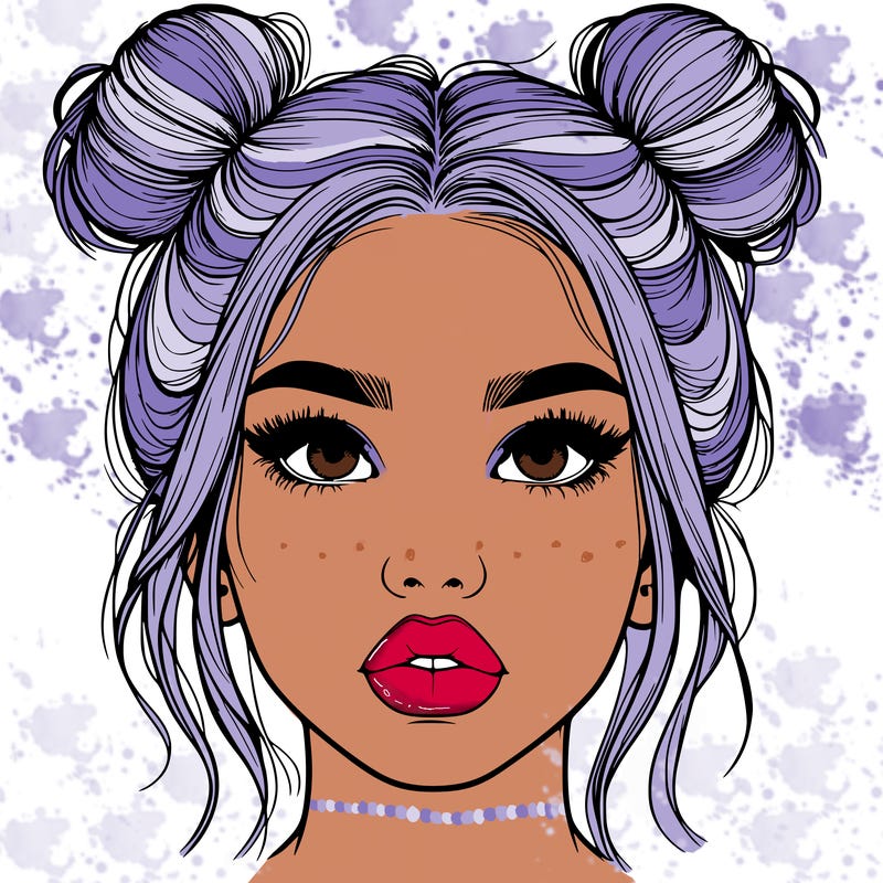 realistic girl with two buns on her hair and lips