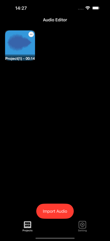 Audio Editor - Mp3 Converter! - Audio Editor mobile app project dashboard with import audio button