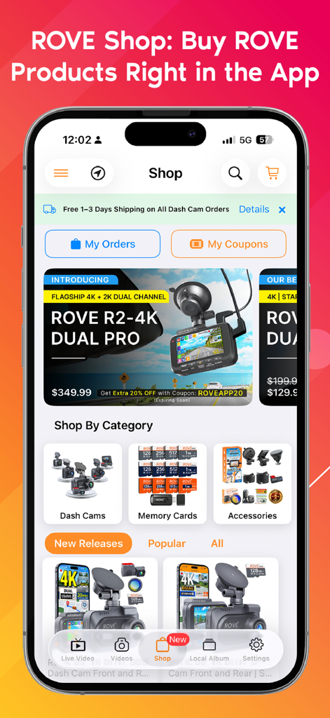 Rove Dash Cam - Rove Dash Cam app shop interface showing dash cam models and accessories for purchase