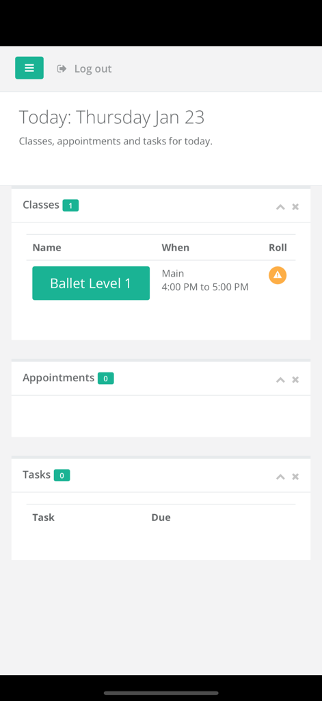 Studio Pro Manager - Tableau de bord quotidien de l'application Studio Pro Manager montrant un cours de ballet de niveau 1 programmé et des sections de tâches