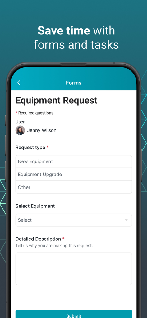 Beekeeper - Digital Workplace - Beekeeper mobile app interface displaying a digital equipment request form to streamline frontline workplace tasks.