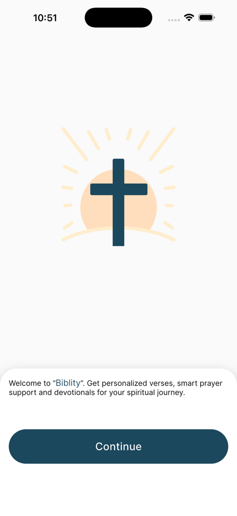 Biblity app welcome screen featuring a cross icon and a button to continue the spiritual journey