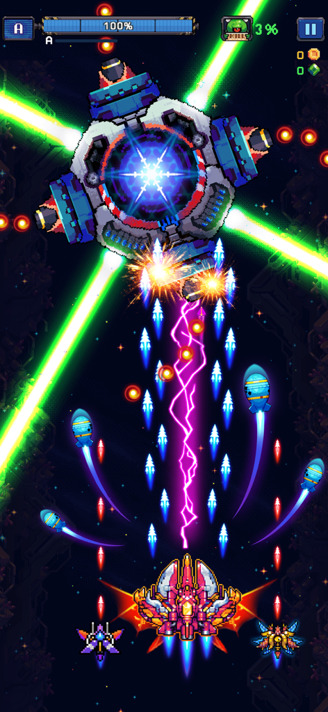 A retro pixel art spaceship battling a huge mechanical boss firing green lasers in a space shooter game