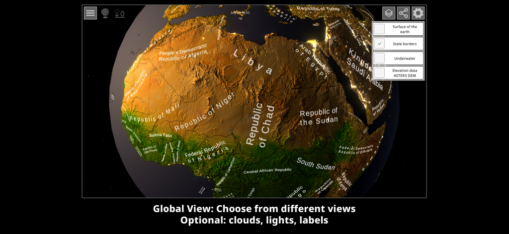 GlobeViewer PRO - アフリカの地形と州境を示す高解像度の3Dグローブビュー