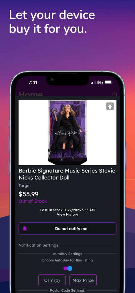 Inventory Bot - ターゲットで販売されているコレクター人形の自動購入および再入荷トラッカー設定を示す在庫ボットアプリ画面。