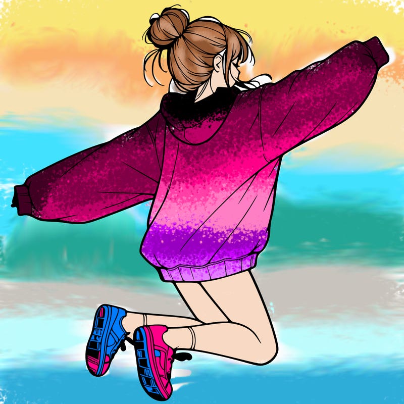 realistic girl jumping with a bun and oversized sweatshirt