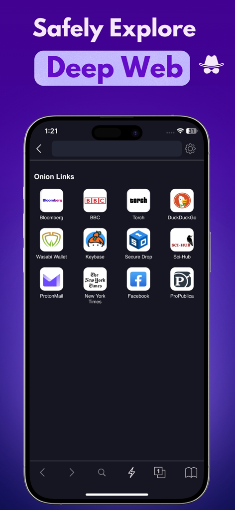 Onion Browser: VPN+Ad Blocker - Una interfaz de smartphone que muestra enlaces onion para explorar de forma segura la deep web, incluyendo DuckDuckGo y ProtonMail