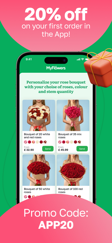 Flowers delivery - Myflowers - Myflowers app promotional offer for twenty percent off first order showing various rose bouquets