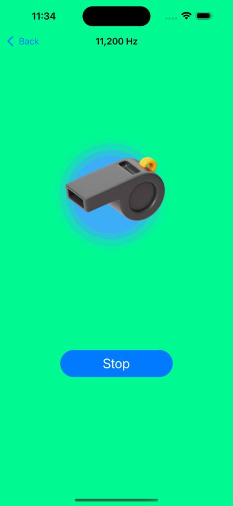 Dog Whistle - Training Dogs - User interface of the Dog Whistle app showing a gray whistle icon on a green background with a frequency of eleven thousand two hundred Hertz and a stop button