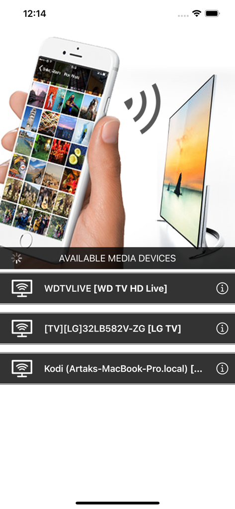 Interfaz de la aplicación Photo TV Cast que muestra una lista de televisores inteligentes y reproductores multimedia detectados para la transmisión de fotos.