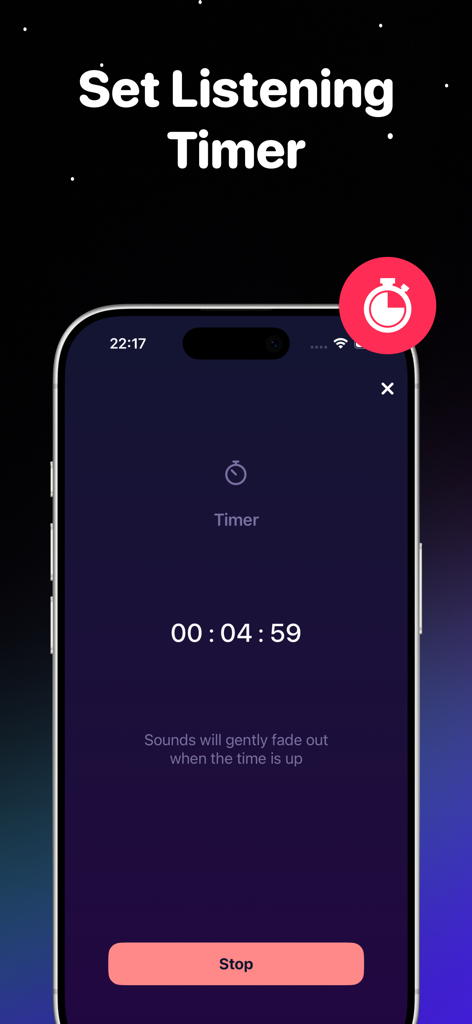 Smoothly app screen showing a set listening timer with a countdown and fade out notification