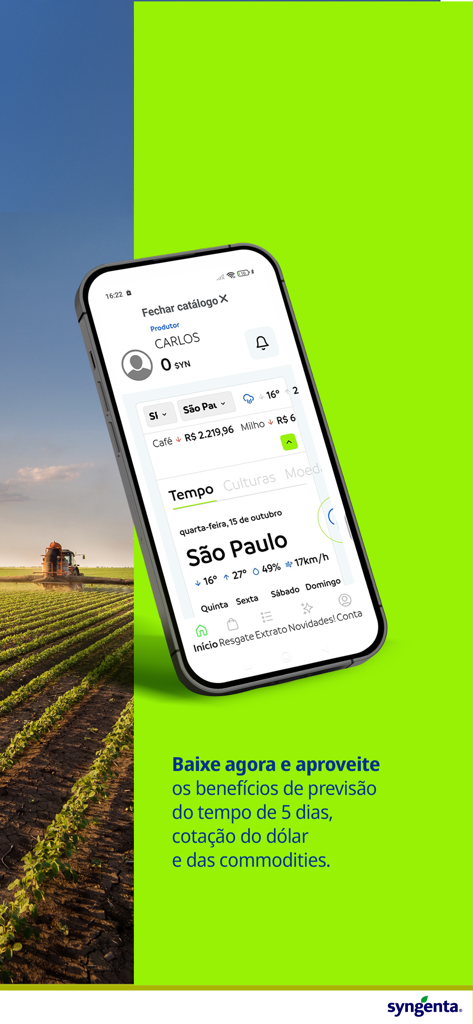 Acessa Agro - Interface do aplicativo Acessa Agro exibindo previsões meteorológicas e preços de commodities para agricultores