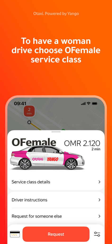 Oman Taxi: Otaxi - Otaxi app interface showing the OFemale service class option for requesting a female driver
