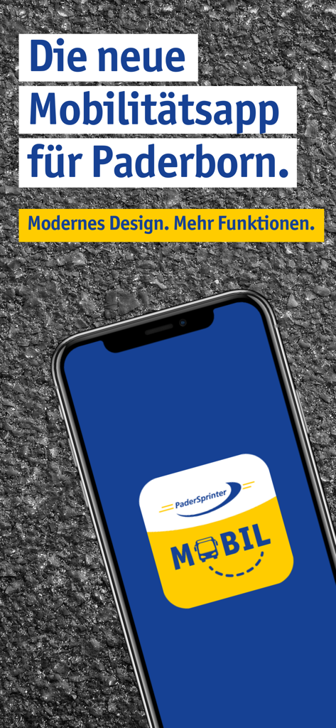 PaderSprinter Mobil - PaderSprinter Mobil app splash screen on a smartphone over an asphalt background with German promotional text