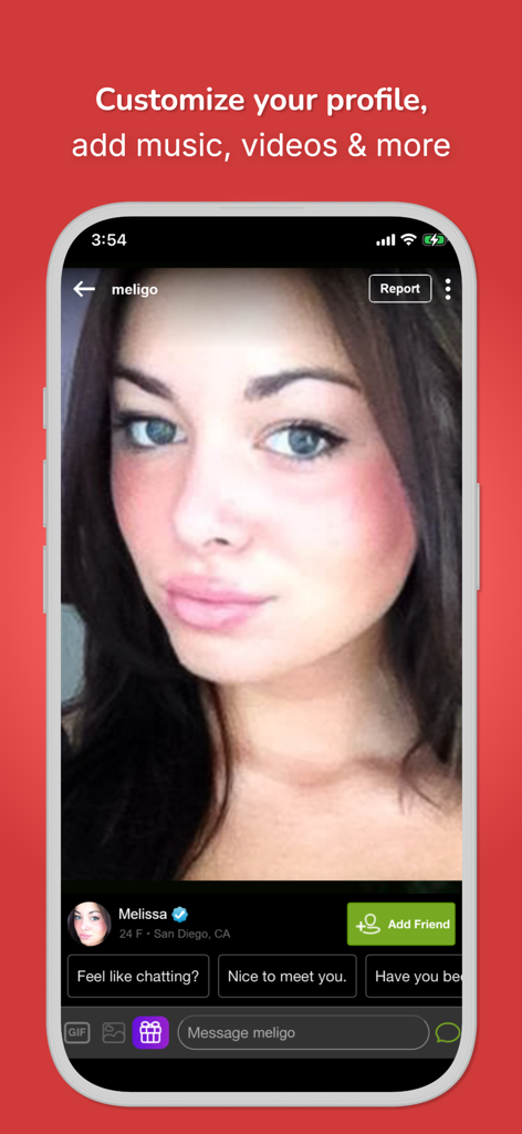 Captura de pantalla de la aplicación Moco que muestra un perfil de usuario para descubrimiento social y chat con un botón de agregar amigo