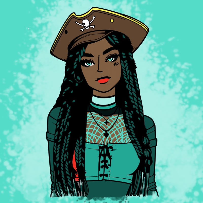 realistic girl with box braids a realistic pirate hat and crop top