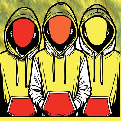 3 faceless people in  hoodies