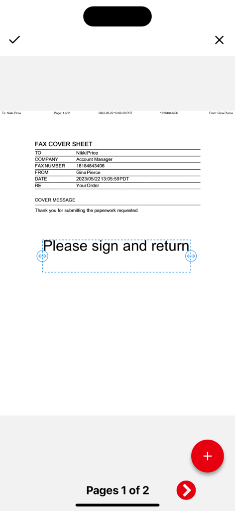 eFax Corporate Fax App - Editing a fax cover sheet in the eFax Corporate app with a custom sign and return message.