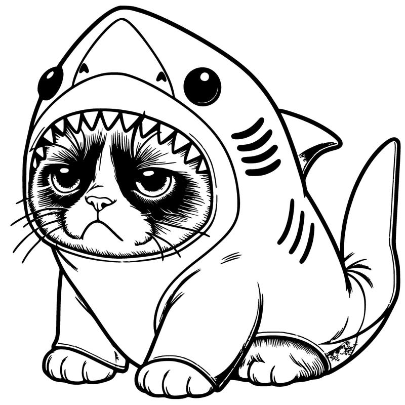 a realistic grumpy cat wearing a cute shark costume