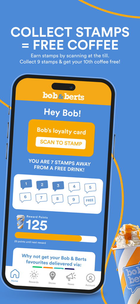 Bob & Berts Loyalty - Oberfläche der Bob and Berts Loyalty App mit einer digitalen Stempelkarte für kostenlose Kaffee-Prämien