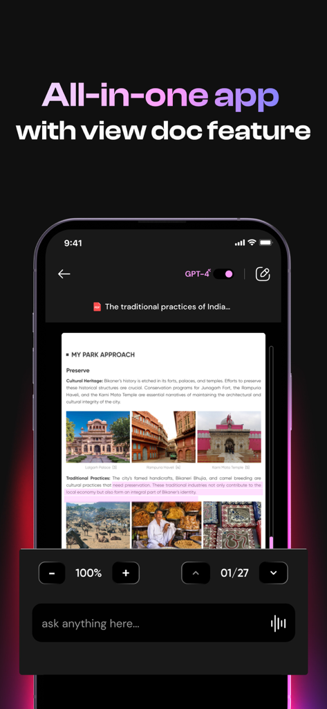 PDF AIアプリのインターフェース。インドの伝統的な慣習というタイトルのドキュメントと、質問するための統合されたAIチャットボックスが表示されています。