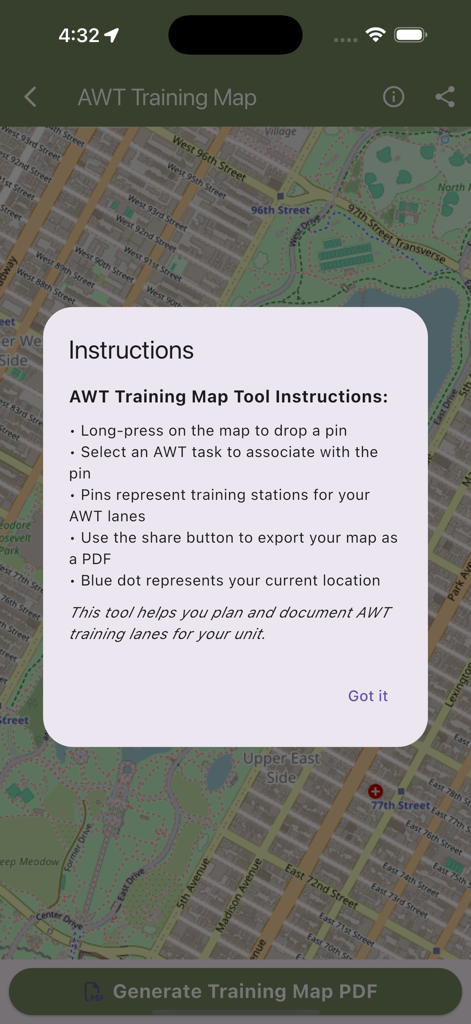 Instructions for the AWT Training Map Tool within the Expert Soldier Badge mobile app.