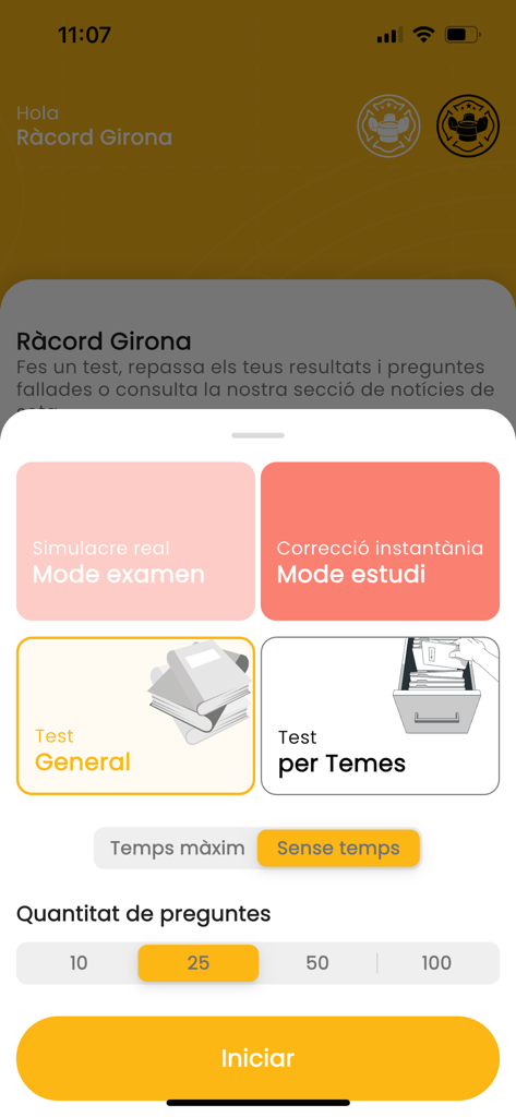 Main test configuration screen for the Ràcord Girona firefighter exam preparation app showing study and exam mode options.
