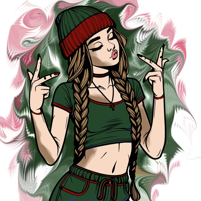 realistic teenage girl with braids and a beanie and crop top doing 🫶🏼