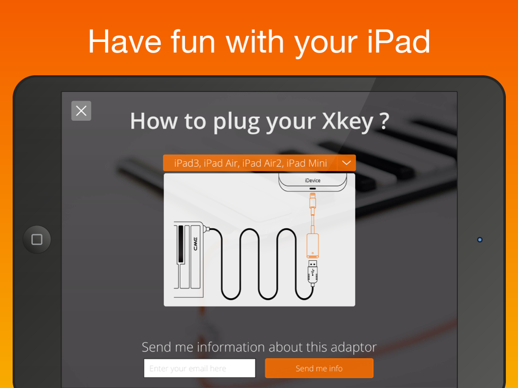 Xkey Piano - Instructional diagram showing how to connect a CME Xkey MIDI keyboard to an iPad