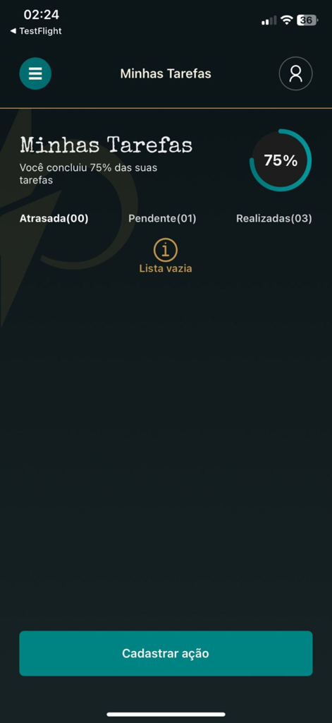 Marca Passosアプリのタスク管理画面。75％の完了進捗とタスクカテゴリが表示されています。