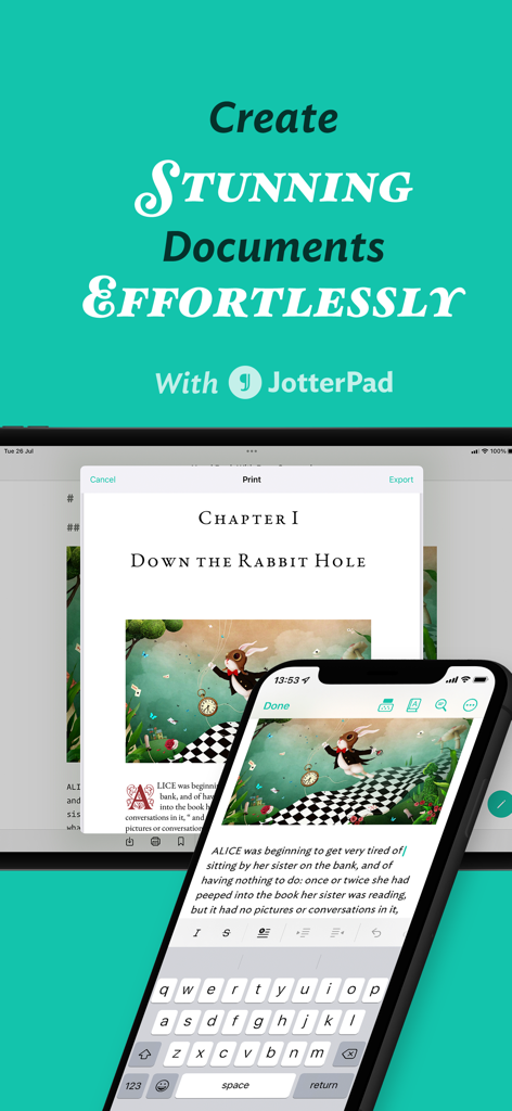 JotterPad - Novel, Screenplay - JotterPad 앱 인터페이스에서 스마트폰 및 태블릿에서 문서 편집을 보여주는 중
