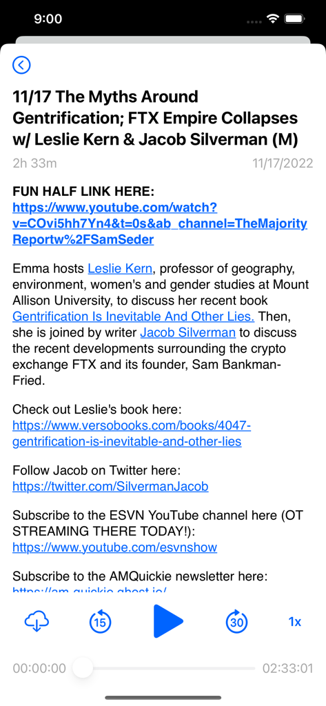 Interfaccia dell'app Majority Report che mostra i dettagli di un episodio podcast su gentrificazione e FTX con controlli di riproduzione multimediale.
