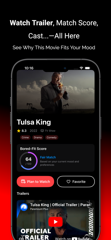 Boredflix: Movies, KDrama, TV - Boredflix app detailed view of a TV show featuring an AI match score and movie trailer
